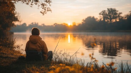 A lone fisherman sits on the bank of a river, casting his line into the water as the sun rises in the distance. The morning mist hangs over the water, creating a serene and peaceful atmosphere.