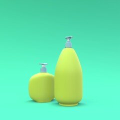 Elegant cosmetic bottles closeup on green background. Modern cover design. 3d illustration.