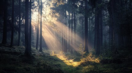 Obraz premium Sunlight beams through misty forest trees.