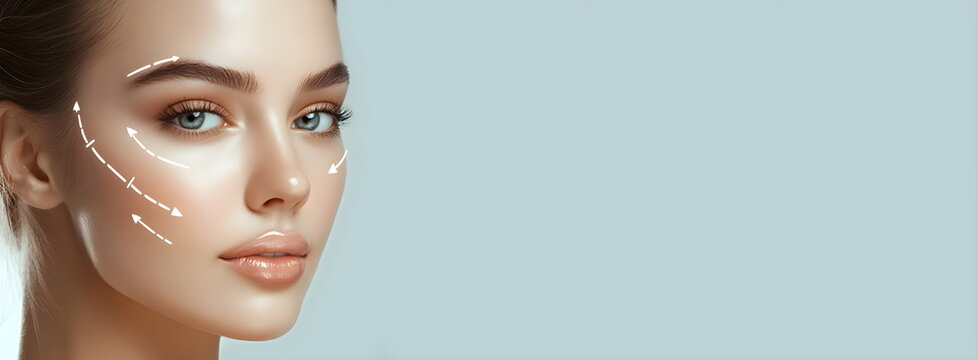 Young woman with perfect healthy skin with drawn arrows on her face along massage lines. Corrective and rejuvenating procedures, anti-aging effect.