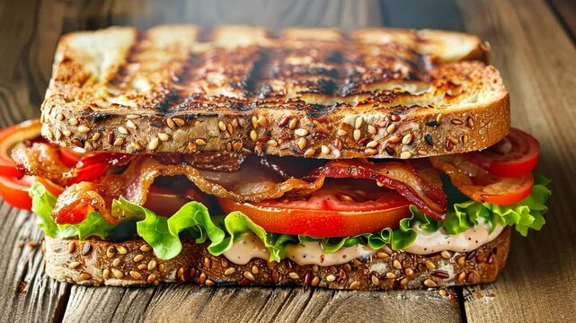 Blt sandwich with multigrain bread and fresh vegetables, close-up. Delicious snack and comfort food concept.