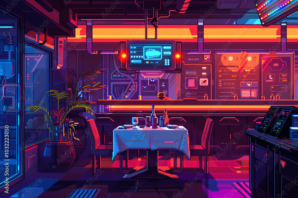 Poster craft a pixel art masterpiece showcasing a futuristic intimate dinner setup, utilizing unexpected ca