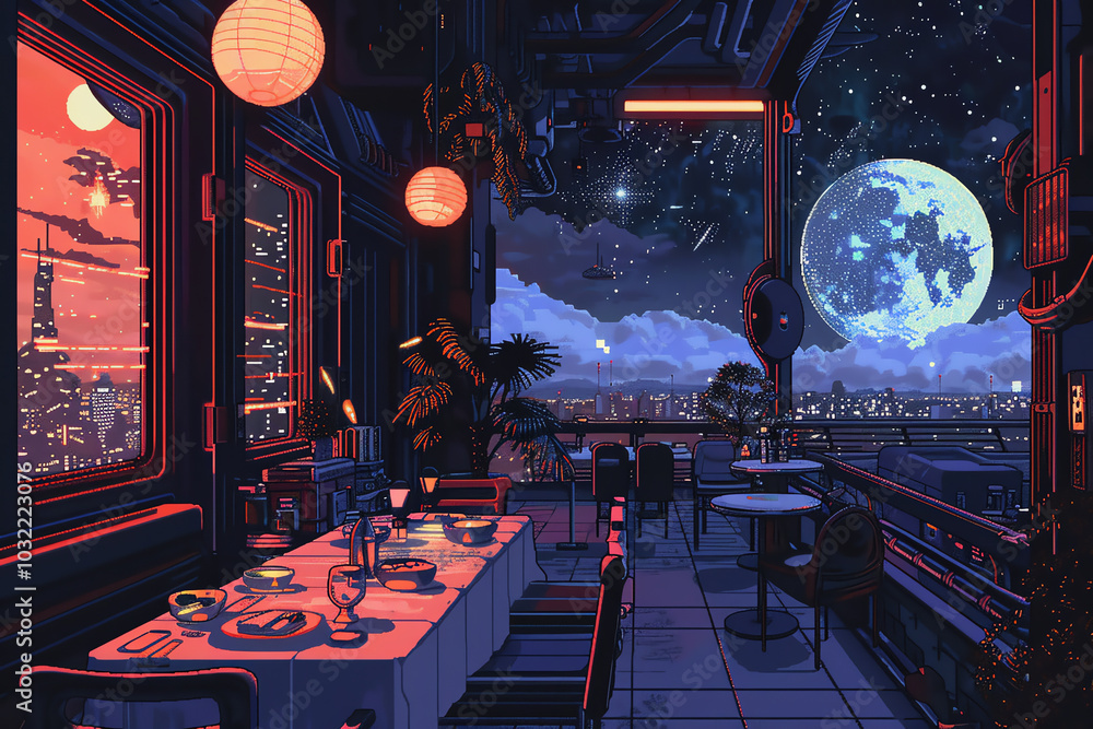 Poster craft a pixel art masterpiece showcasing a futuristic intimate dinner setup, utilizing unexpected ca