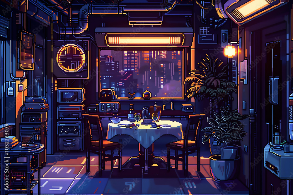 Poster craft a pixel art masterpiece showcasing a futuristic intimate dinner setup, utilizing unexpected ca
