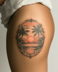Detailed teardrop-shaped beach scene tattoo on a woman's thigh, with palm trees, waves, and a colorful sunset in pink, orange, and yellow tones, surrounded by intricate black ink lines