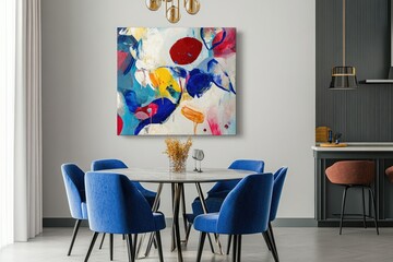 Abstract colorful artwork, modern wall art, dining room decor, bright colors, contemporary art, blue red yellow painting
