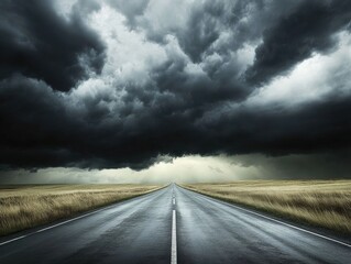 Naklejka premium Dark Stormy Sky Over Open Road, Dramatic Clouds and Empty Highway