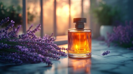 Frosted gold perfume bottle with dark cap placed on marble surface with tiny lavender flowers beside it natural lighting high detail, 3D illustration