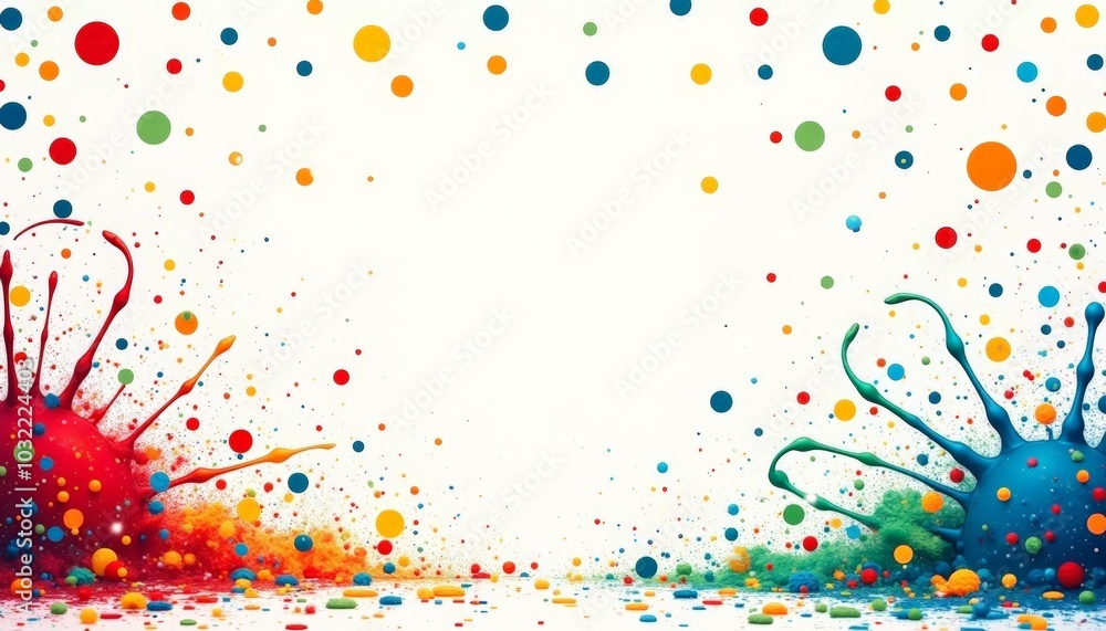 Poster a dynamic display of vivid red and blue paint splashes intertwines with cheerful yellow and green do