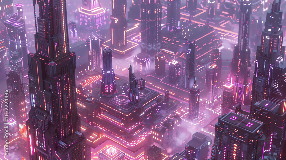Poster design a futuristic cityscape portraying a blend of fantasy elements and high-tech ai advancements, 