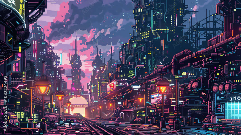Poster design a futuristic cityscape portraying a blend of fantasy elements and high-tech ai advancements, 
