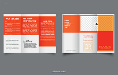 Orange trifold brochure, newspaper. Trifold Print Ready Brochure Template. Vector illustration