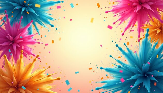 Bold bursts of pink, blue, and orange radiate outward, surrounded by colorful confetti, setting a lively tone perfect for festivities or artistic expression with copyspace