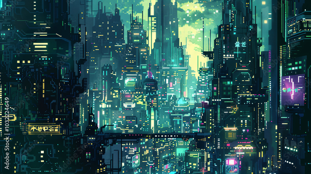 Poster design a futuristic cityscape portraying a blend of fantasy elements and high-tech ai advancements, 