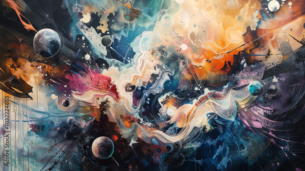 Fototapete design an oil painting that combines abstract forms with futuristic themes, using unexpected camera 
