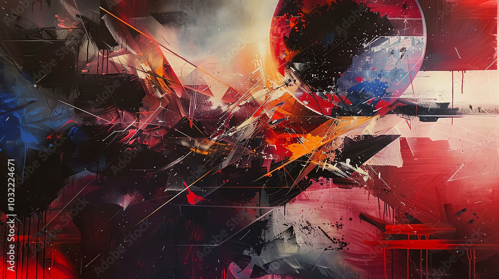 Poster design an oil painting that combines abstract forms with futuristic themes, using unexpected camera 