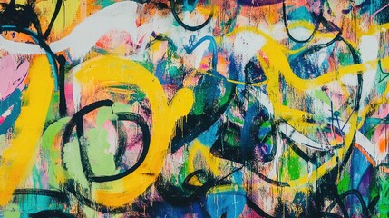 Abstract colorful graffiti, vibrant splashes, artistic street art, chaotic paint strokes, modern urban design