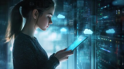 female IT specialist working in a data center, using a tablet for cloud computing visualization. The image captures the high-tech environment where she works, surrounded by servers