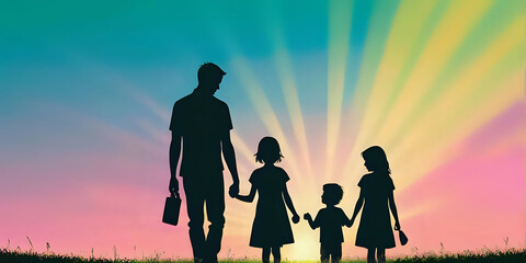 Fototapeta premium Dad on a walk with children against a beautiful sunset background. Calm and uniting atmosphere, love and friendship concept - Generated AI
