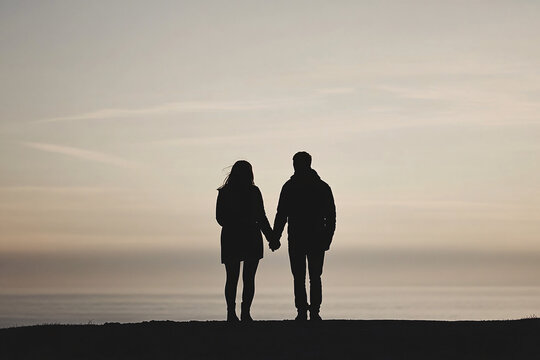 A silhouette of a couple holding hands standing together at sunset against a soft gradient sky on the horizon
