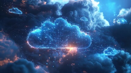 Futuristic Cloud Technology Visualization with Digital Circuit Connections: Cloud Computing, Data...