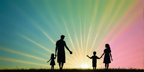 Dad on a walk with children against a beautiful sunset background. Calm and uniting atmosphere, love and friendship concept - Generated AI