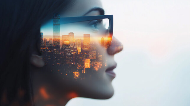 Young attractive woman in glasses stands against modern city, bright and attractive advertising photo. Double exposition