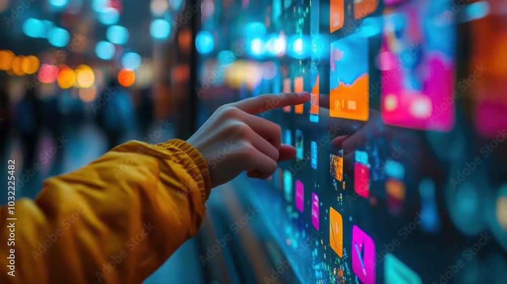 Poster a hand interacts with a digital display in a busy urban environment.