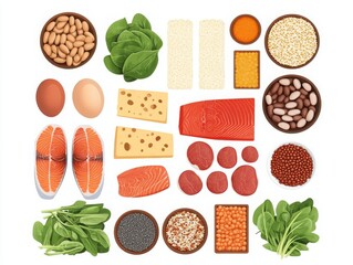 A vibrant assortment of nutritious foods including fish, eggs, greens, beans, and grains perfect for healthy meals.