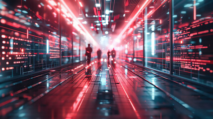 Explore the world of futuristic technologies through a unique glitch art interpretation, using unexpected camera angles to create a visually striking and dynamic composition