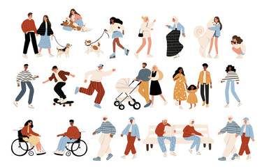 Vector illustration of diverse characters in everyday urban scenes. People walking dogs, skating, using wheelchairs, pushing strollers. Couples, families, individuals of various ages and ethnicities.