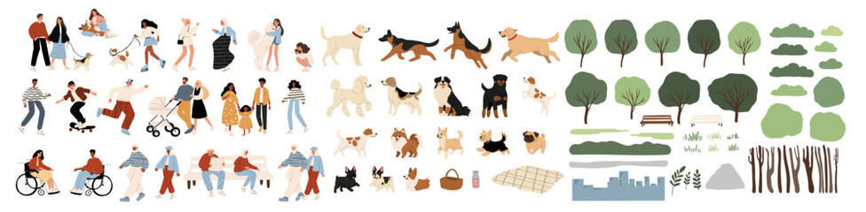 This vibrant vector illustration depicts a diverse community with various dog breeds, multiculturalism and inclusivity. The hand-drawn style emphasizes the warm bond between humans and pets in nature.