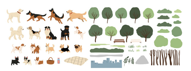 This charming vector illustration showcases various dog breeds enjoying the outdoors, surrounded by lush trees and vibrant foliage. Hand-drawn style adds warmth, celebrating companionship in nature.
