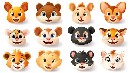 Cute cartoon animal avatars, white background, avatar set