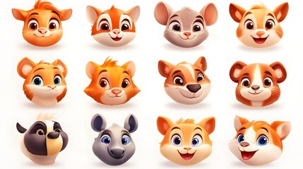 Fototapeta premium Cute cartoon animal avatars, white background, avatar set