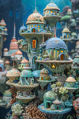 Illustrate a clay sculpture of a utopian underwater city, blending bioluminescent technology with marine life elements Incorporate unexpected camera angles to highlight the harmonious coexistence of t