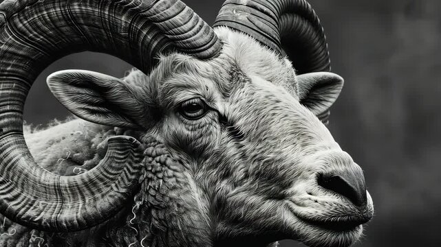 Close-up of ram with curled horns in monochrome.