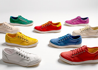 Many colorful sneakers placed on white background
