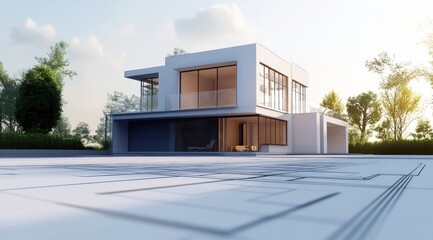 Rendu 3D d'une maison moderne sur plans avec un arrière-plan flou, gros plan, esquisse de design avec une grille de perspective pour le dessin d'architecture.