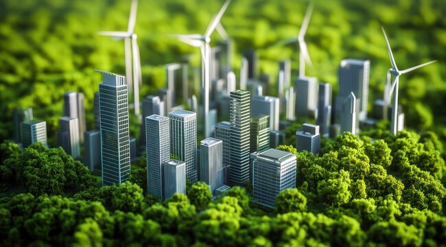 Mod&egrave;le 3D d'une ville verte avec des immeubles et des &eacute;oliennes, sur fond de for&ecirc;t, concept d'&eacute;nergie renouvelable &eacute;cologique.