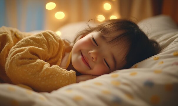 Happy smile child sleep with good dream in bed, Generative AI
