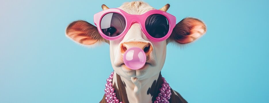 Une vache dr&ocirc;le et amusante portant des lunettes, soufflant dans un chewing-gum, sur un fond color&eacute;. Concept d'image de profil des m&eacute;dias sociaux ou les supports publicitaires.