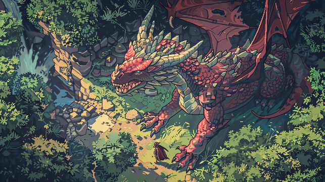 Illustrate the dynamic encounter of a dragon and a wizard in a mystical forest, exploring the psychological interplay of power and wisdom Choose a pixel art style to convey a unique blend of nostalgia