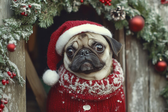 Cute pug wearing Christmas hat and sweater