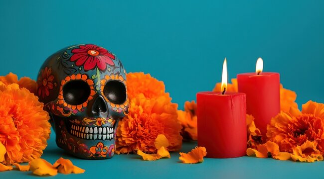 Un cr&acirc;ne mexicain du Jour des Morts avec des fleurs et des bougies sur une table, sur un fond color&eacute; vert, image avec espace pour texte.