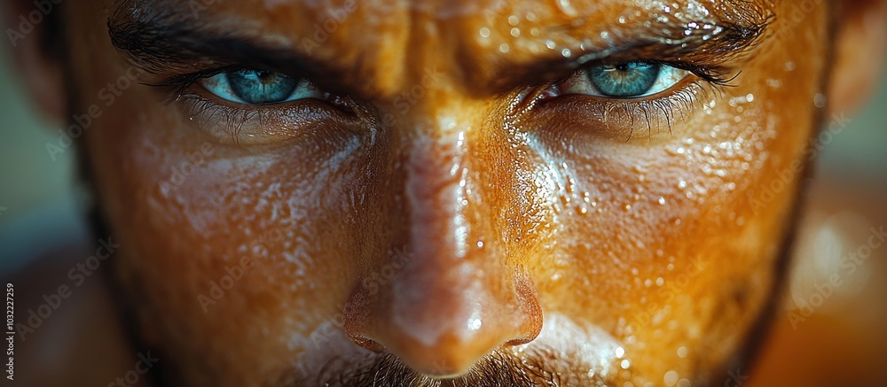 Wall mural close-up of a man's face with water droplets on his skin, looking intense with blue eyes.