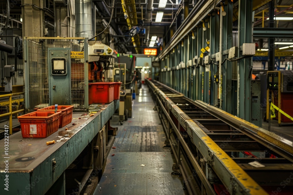 Poster empty assembly line is running through a deserted factory floor