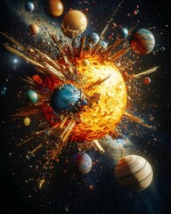 A fiery explosion in space as a planet bursts into pieces, scattering debris and smaller planets.