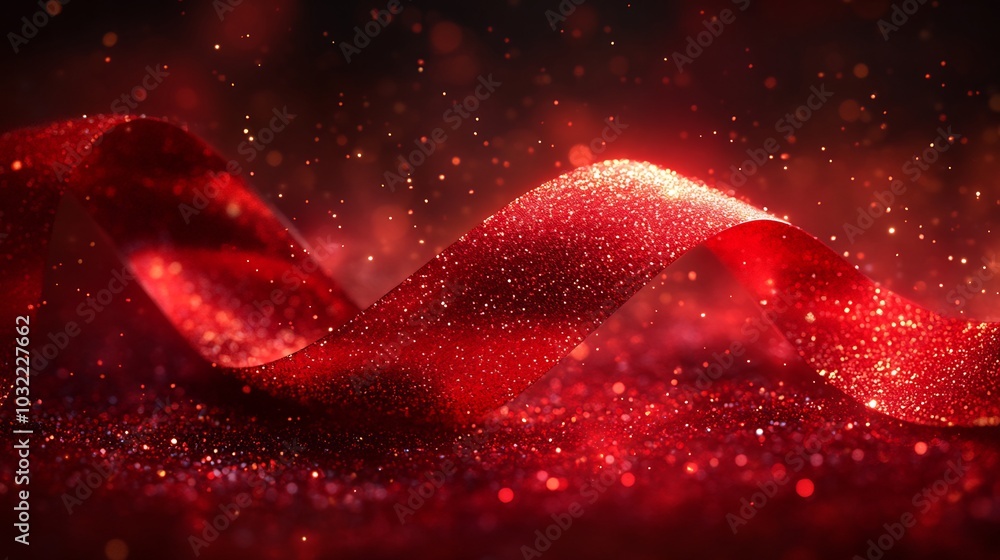 Poster artistic view of a realistic red ribbon elegantly flowing across a textured red surface symbolizing 