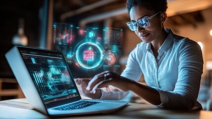 In the modern office, a professional utilizes cuttingedge technology for digital analysis, incorporating data visualization and HUD tools on a laptop, showcasing futuristic work in the tech field